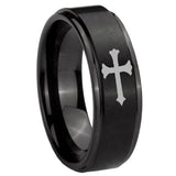 8mm Christian Cross Step Edges Brush Black Tungsten Mens Engagement Band