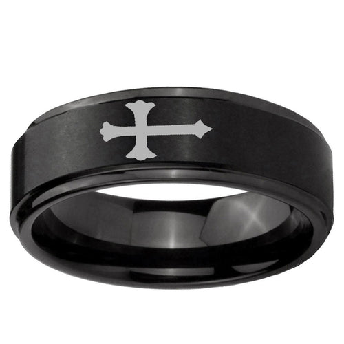 10mm Christian Cross Step Edge Brush Black Tungsten Ring
