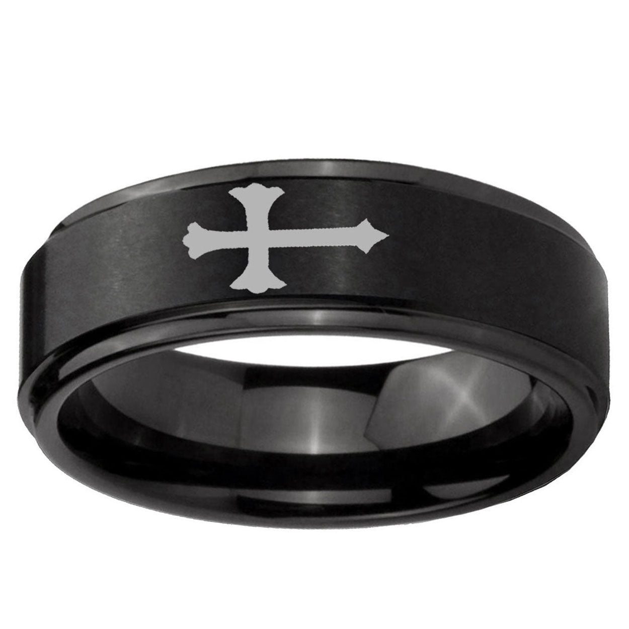 5mm Christian Cross Step Edges Brush Black Tungsten Ring