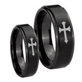 Christian Cross Step Edges Brush Black Tungsten Wedding Ring Sets