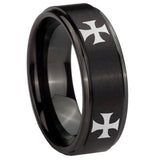 8mm-4-Maltese-Cross-Step-Edges-Brush-Black-Tungsten-Carbide-Bands-Ring