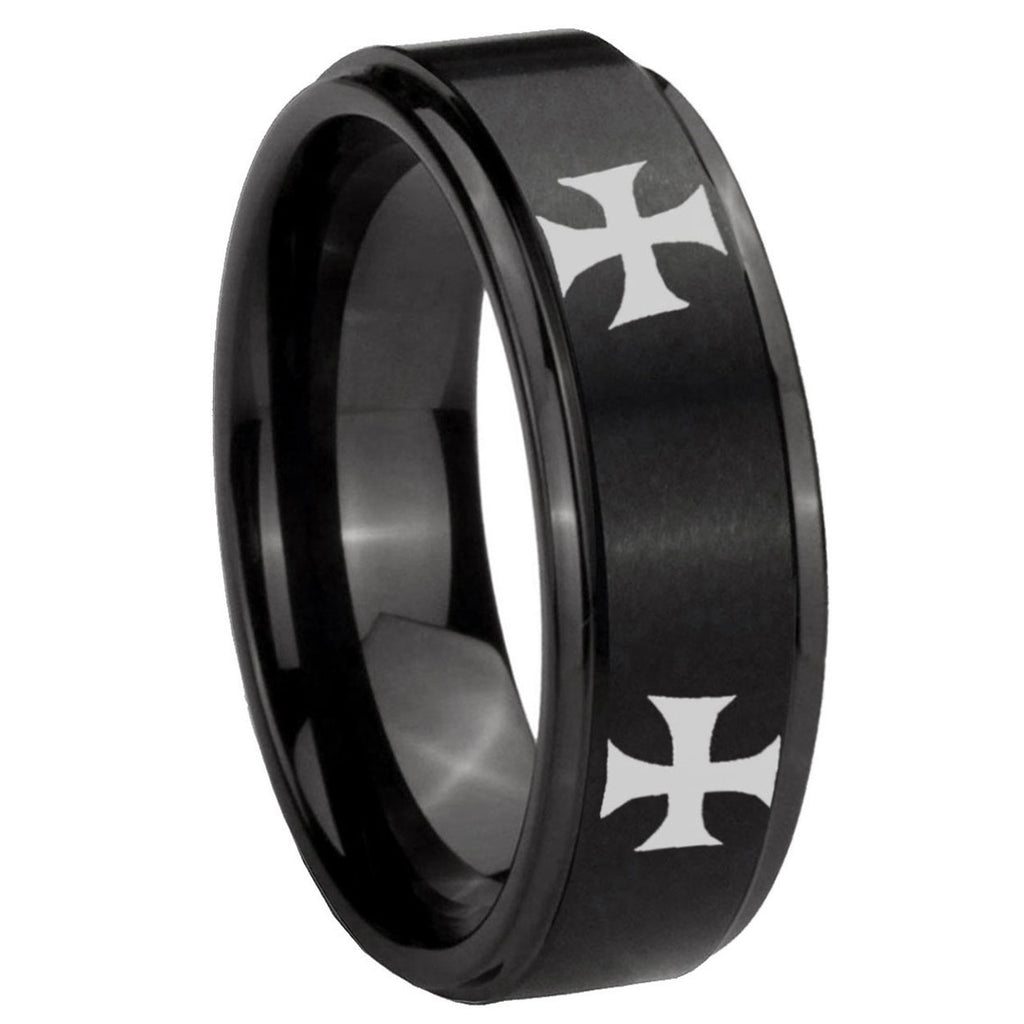 8mm 4 Maltese Cross Step Edges Brush Black Tungsten Bands