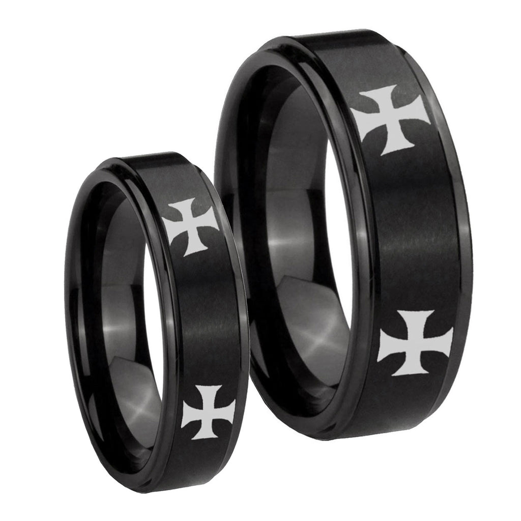4 Maltese Cross Step Edges Brush Black Tungsten Couple Wedding Rings