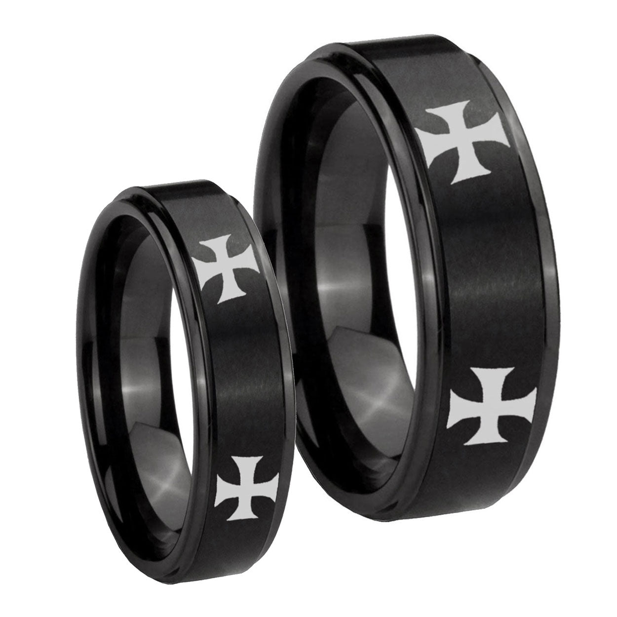4 Maltese Cross Step Edges Brush Black Tungsten Couple Wedding Rings