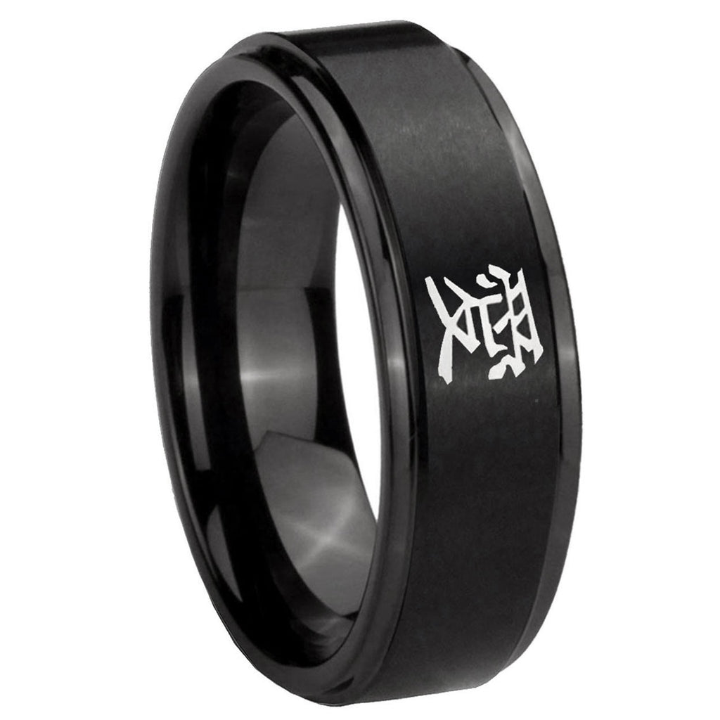 10mm Kanji Love Step Edges Brush Black Tungsten Carbide Mens Wedding Band