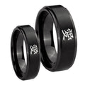 Kanji Love Step Edges Brush Black Tungsten Matching Ring Set