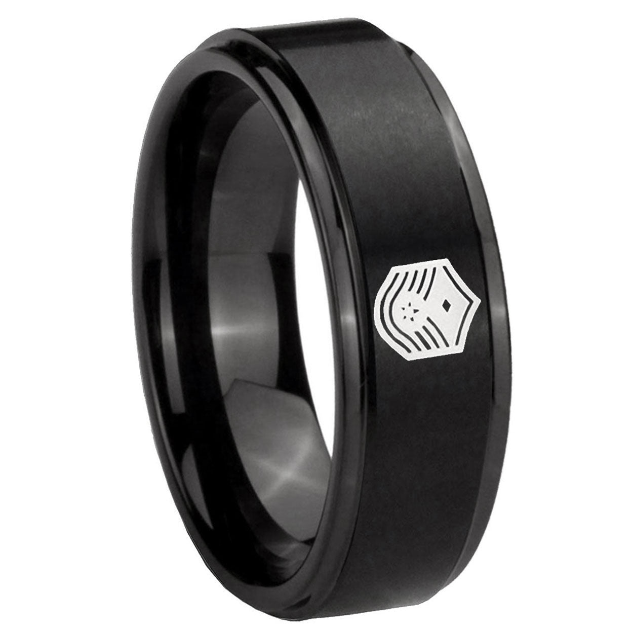 10mm Chief Master Sergeant Vector Step Edges Brush Black Tungsten Mens Ring