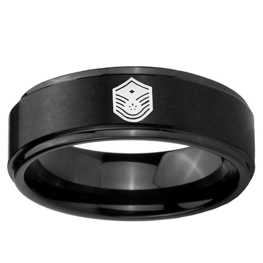 10mm Chief Master Sergeant Vector Step Edge Brush Black Tungsten Mens Ring