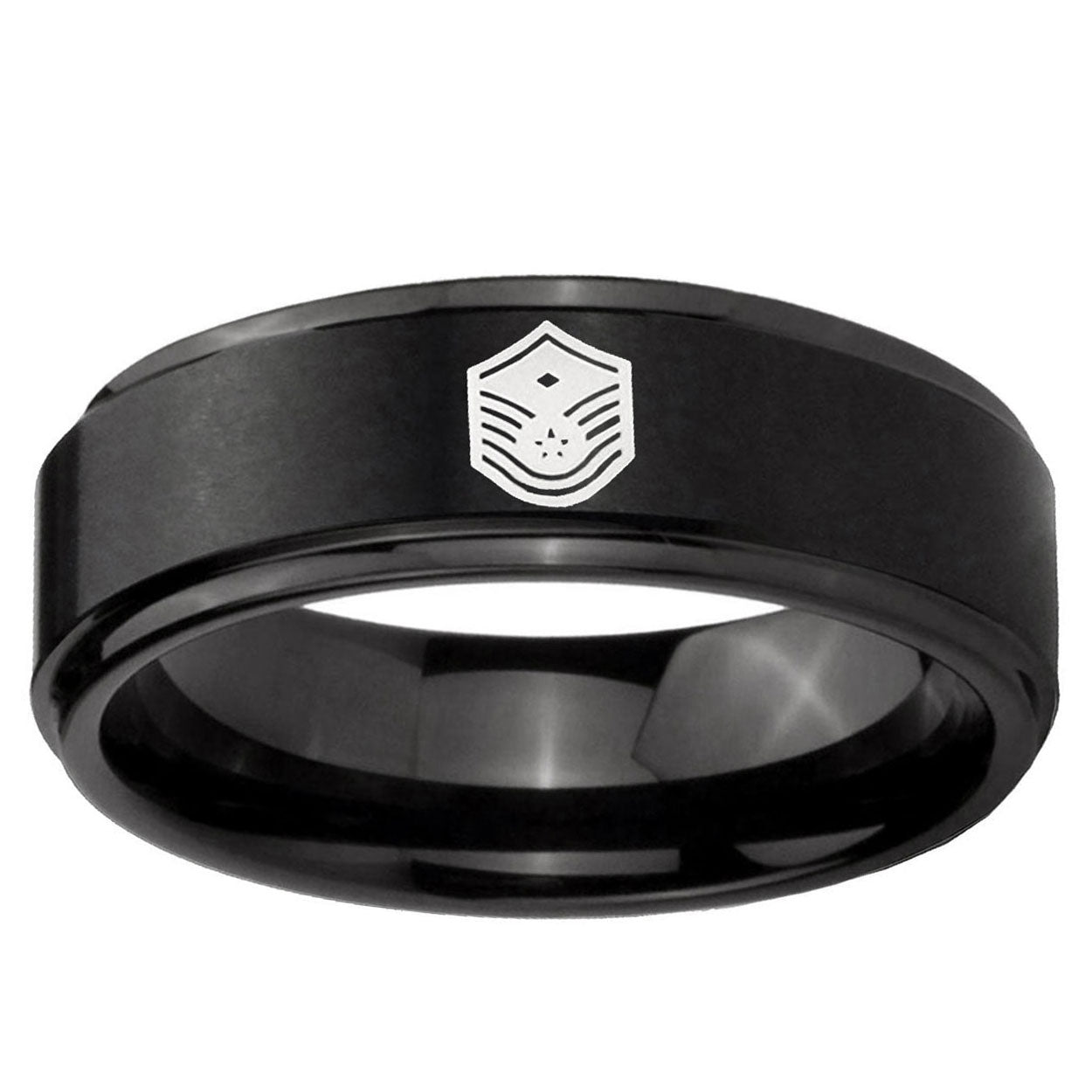 10mm Chief Master Sergeant Vector Step Edge Brush Black Tungsten Mens Ring