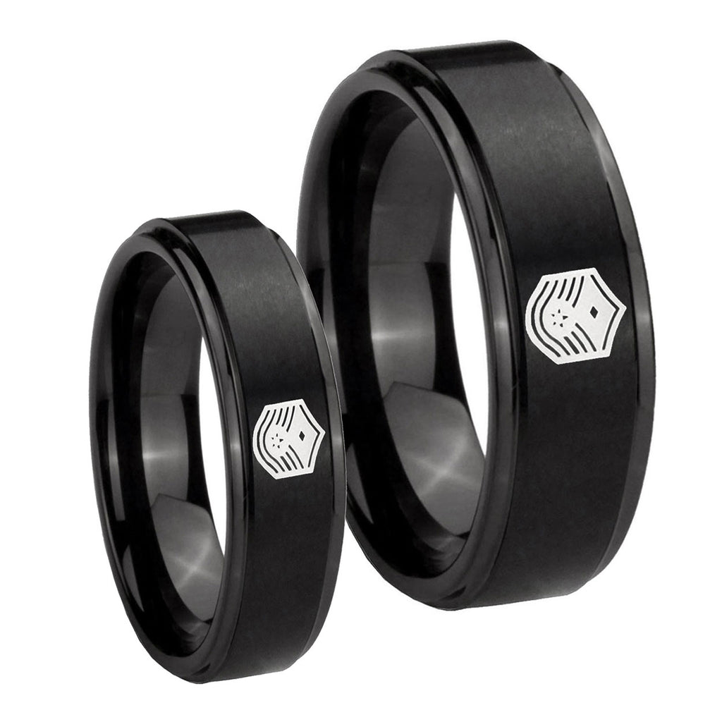 Chief Master Sergeant Vector Step Edges Brush Black Tungsten Engagement Ring Set