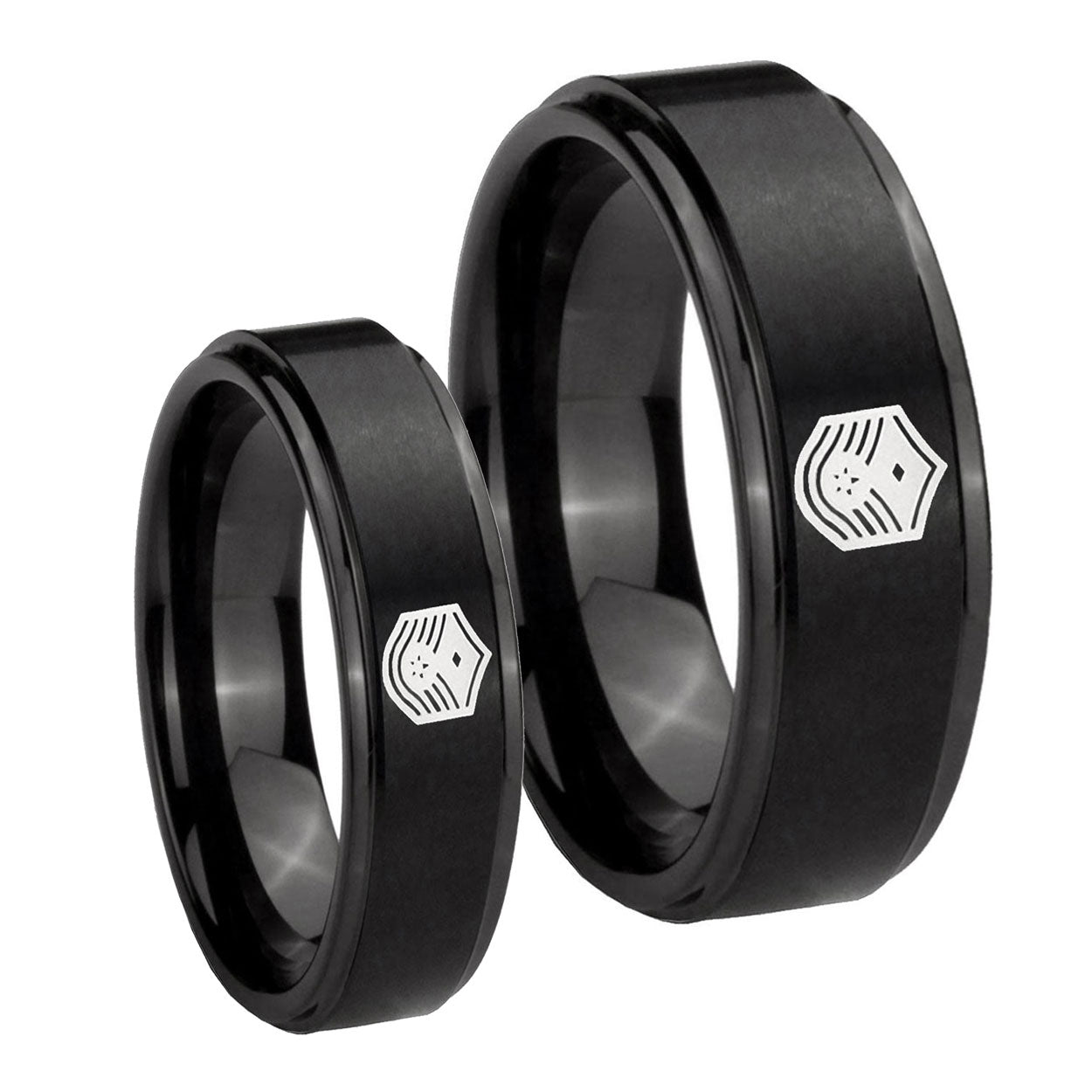 Chief Master Sergeant Vector Step Edges Brush Black Tungsten Engagement Ring Set