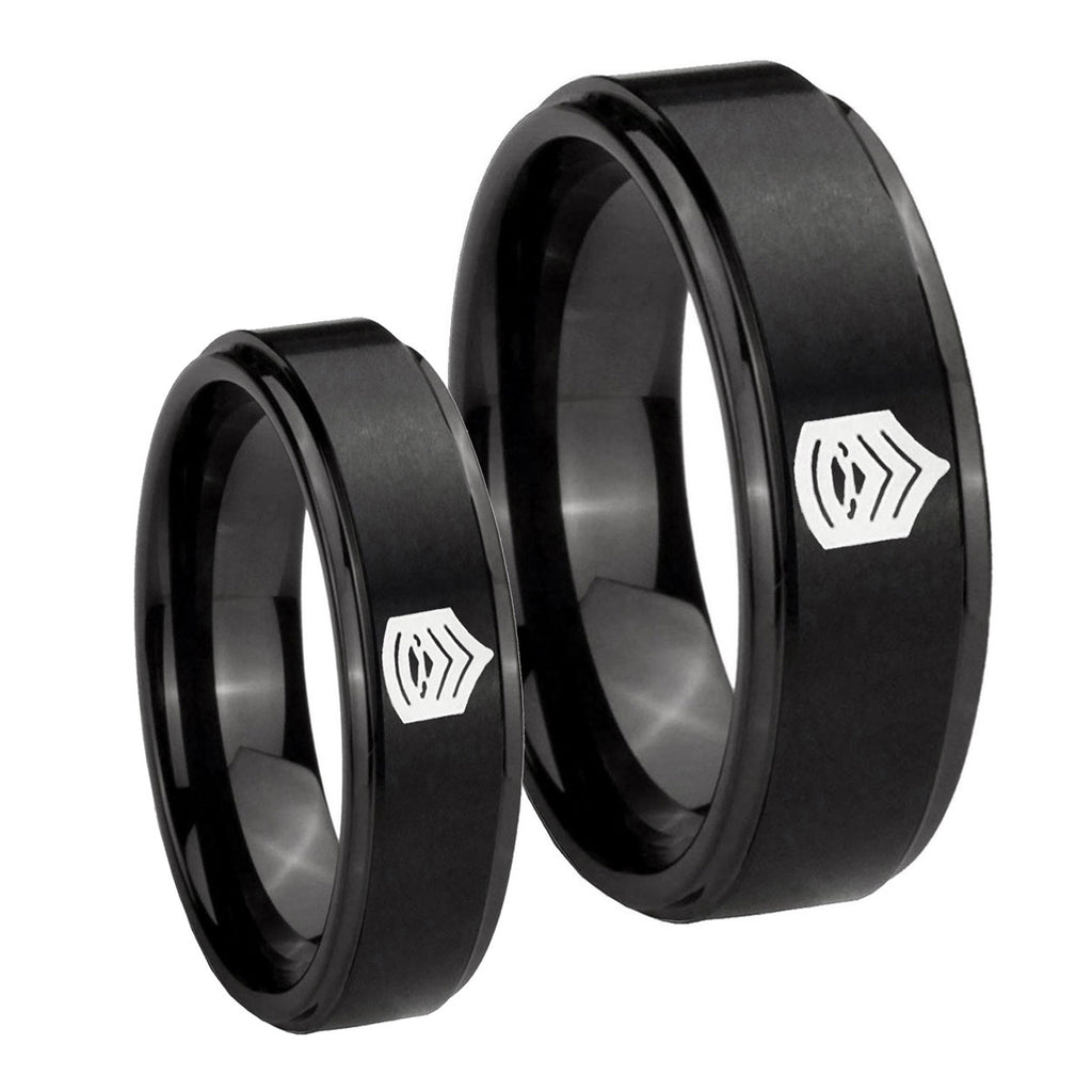 Army Sergeant Major Step Edges Brush Black Tungsten Promise Ring Set