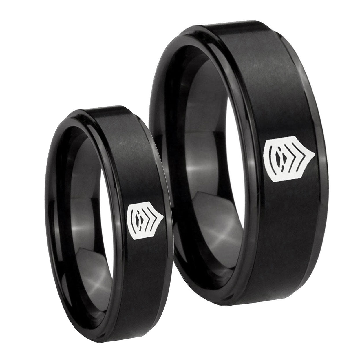 Army Sergeant Major Step Edges Brush Black Tungsten Promise Ring Set