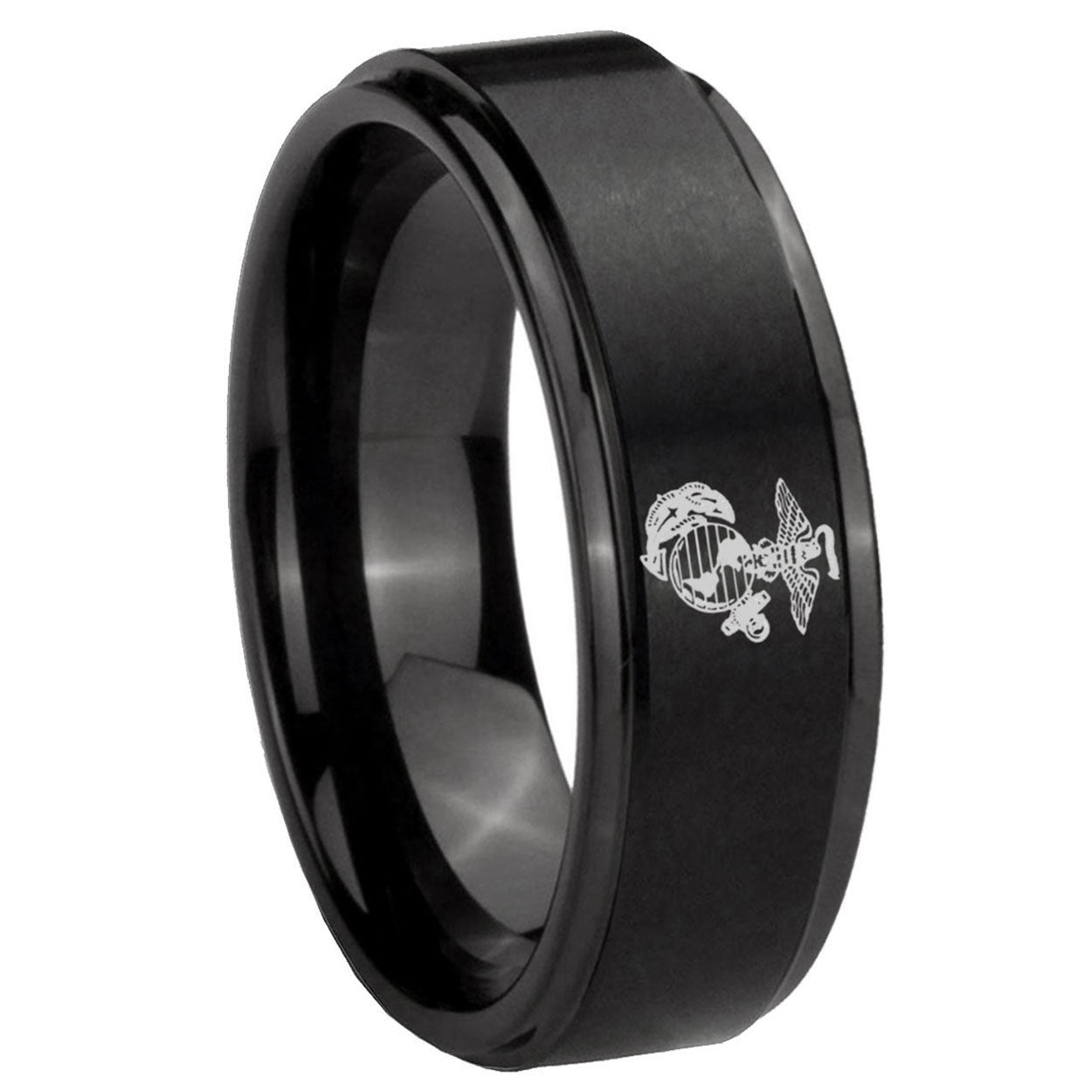 8mm Marine Step Edges Brush Black Tungsten Engagement Ring