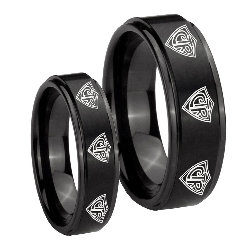 Multiple CTR Step Edges Brush Black Tungsten His Hers Ring Set