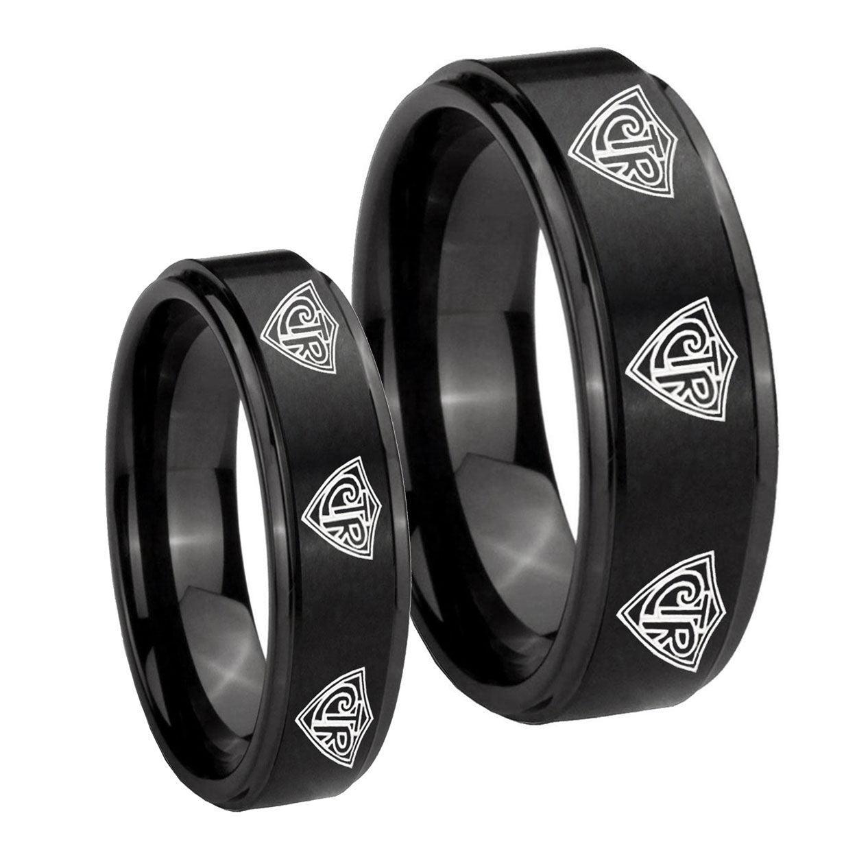 Multiple CTR Step Edges Brush Black Tungsten His Hers Ring Set