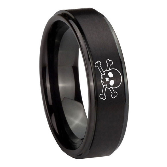 8mm-Skull-Step-Edges-Brush-Black-Tungsten-Carbide-Men's-Wedding-Band