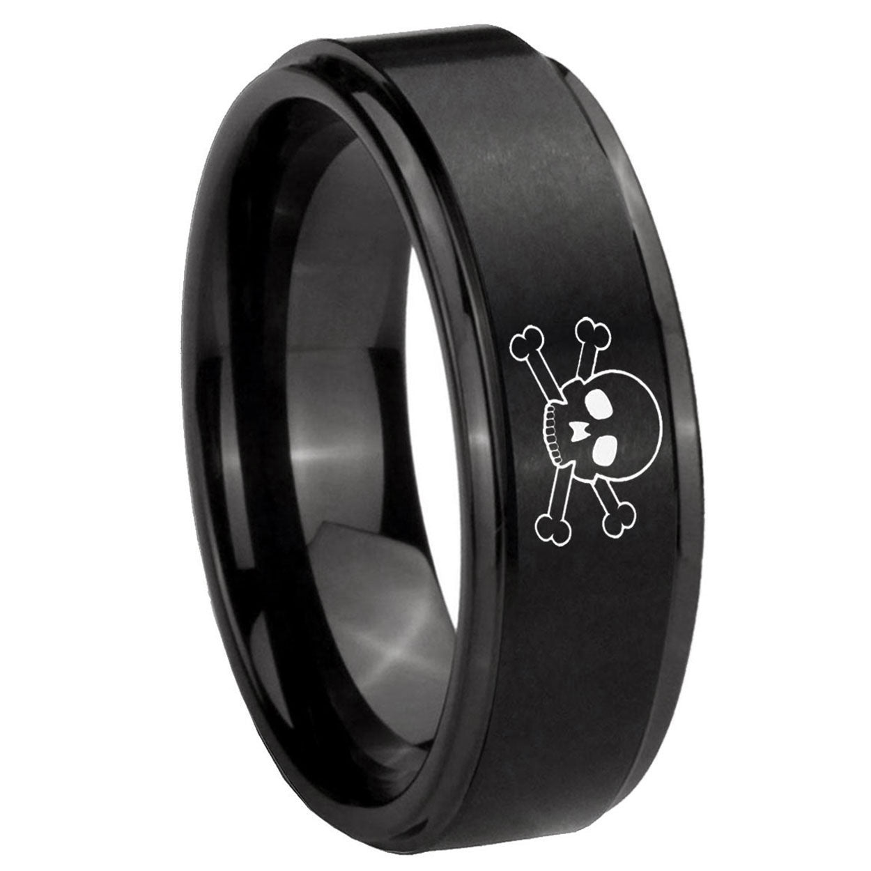 8mm Skull Step Edges Brush Black Tungsten Men's Wedding Band