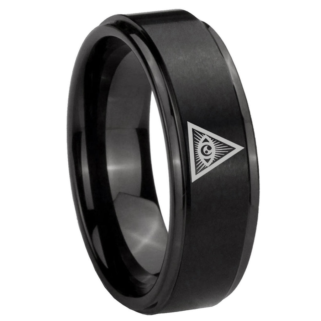 8mm Seeing Eye of God Step Edge Black Tungsten Mens Ring