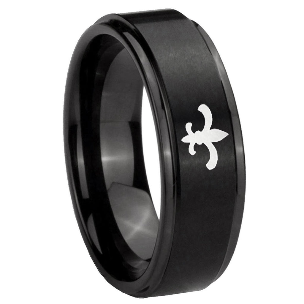 10mm Fleur Delis Step Edges Brush Black Tungsten Carbide Rings for Men