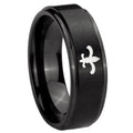 10mm Fleur Delis Step Edges Brush Black Tungsten Carbide Rings for Men
