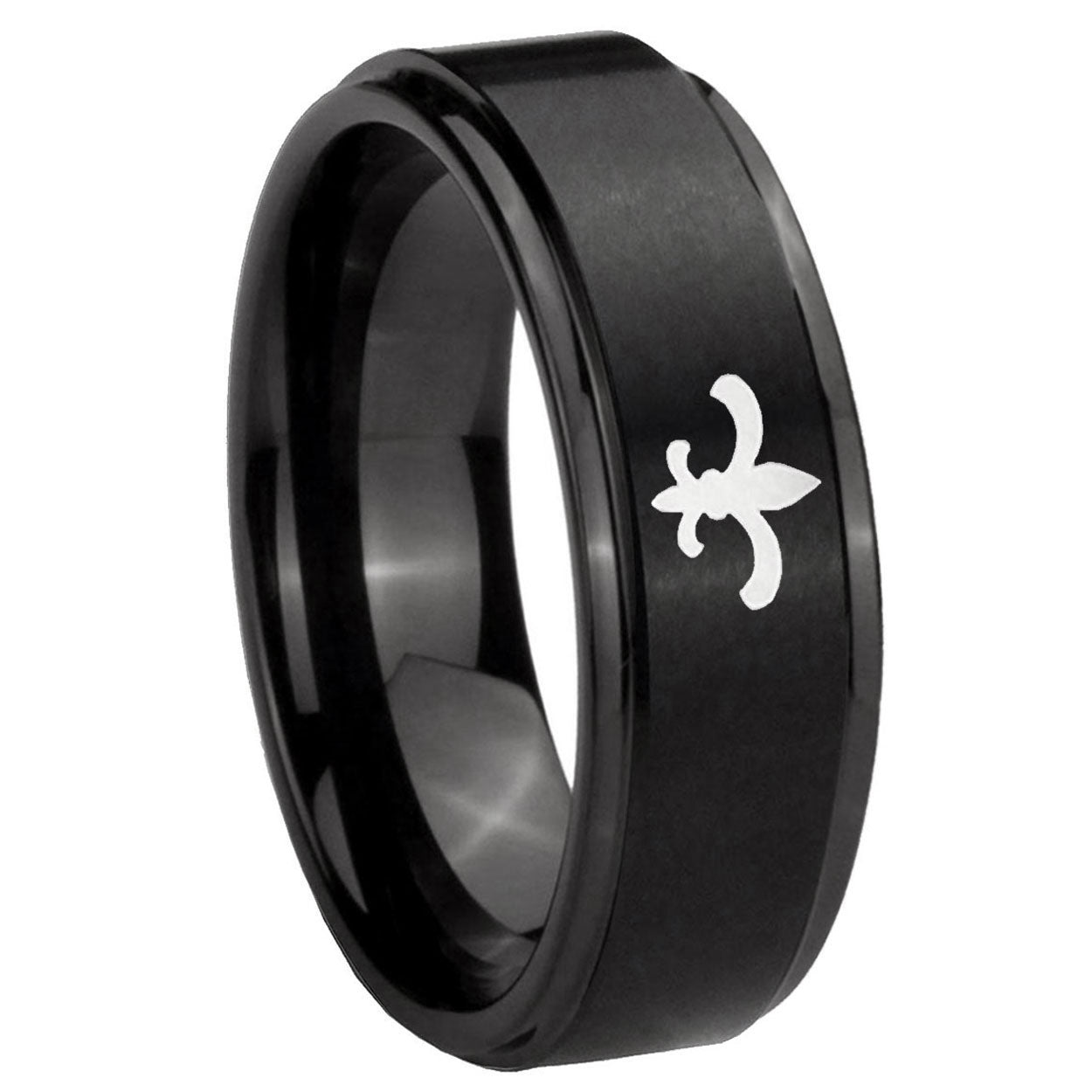 8mm Fleur-De-Lis Step Edge Brush Black Tungsten Ring