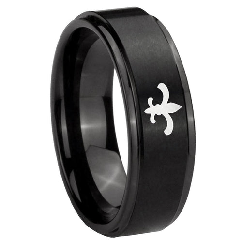 8mm Fleur-De-Lis Step Edge Brush Black Tungsten Ring