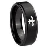 8mm Fleur Delis Step Edges Brush Black Tungsten Carbide Mens Ring Engraved