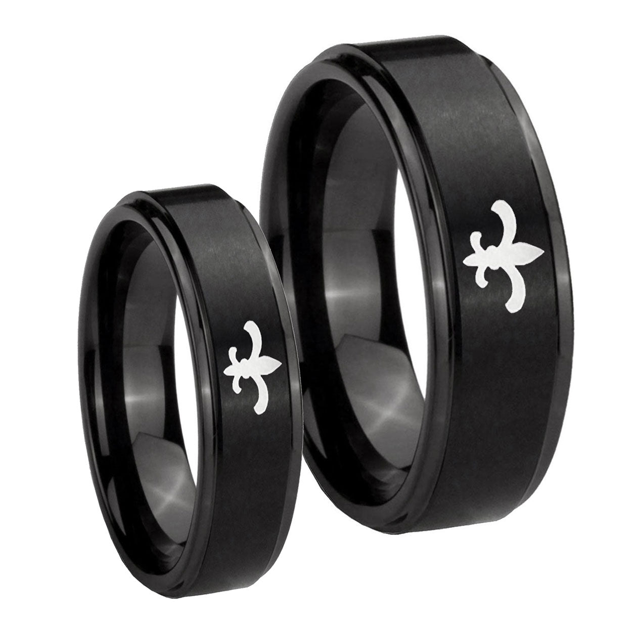 Fleur De Lis Step Edges Brush Black Tungsten His Hers Ring Set