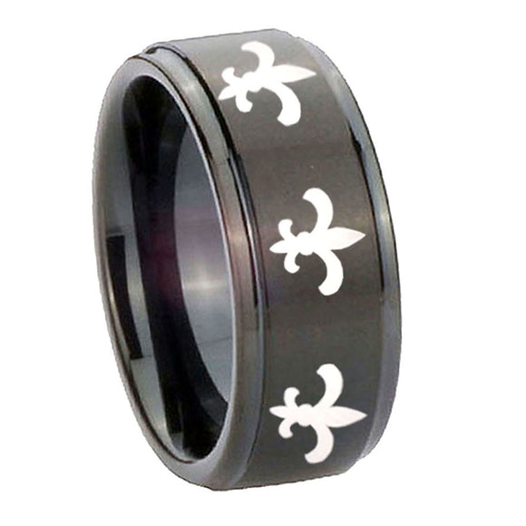 10mm-Multiple-Fleur-De-Lis-Step-Edges-Brush-Black-Tungsten-Wedding-Band-Mens