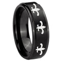 10mm Multiple Fleur Delis Step Edges Brush Black Tungsten Wedding Band Mens