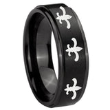 10mm Multiple Fleur Delis Step Edges Brush Black Tungsten Wedding Band Mens
