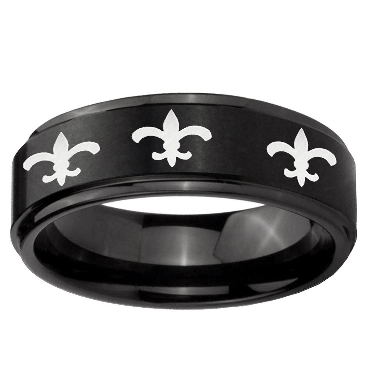 10mm Multiple Fleur-De-Lis Step Edge Brush Black Tungsten Wedding Band Mens