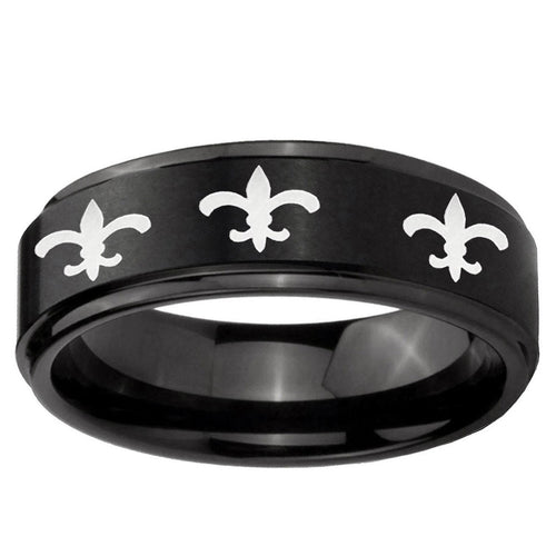 10mm Multiple Fleur-De-Lis Step Edge Brush Black Tungsten Wedding Band Mens