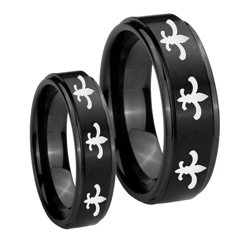 Multiple Fleur De Lis Step Edges Brush Black Tungsten Mens Ring Set