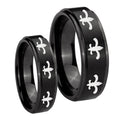 Multiple Fleur De Lis Step Edges Brush Black Tungsten Mens Ring Set