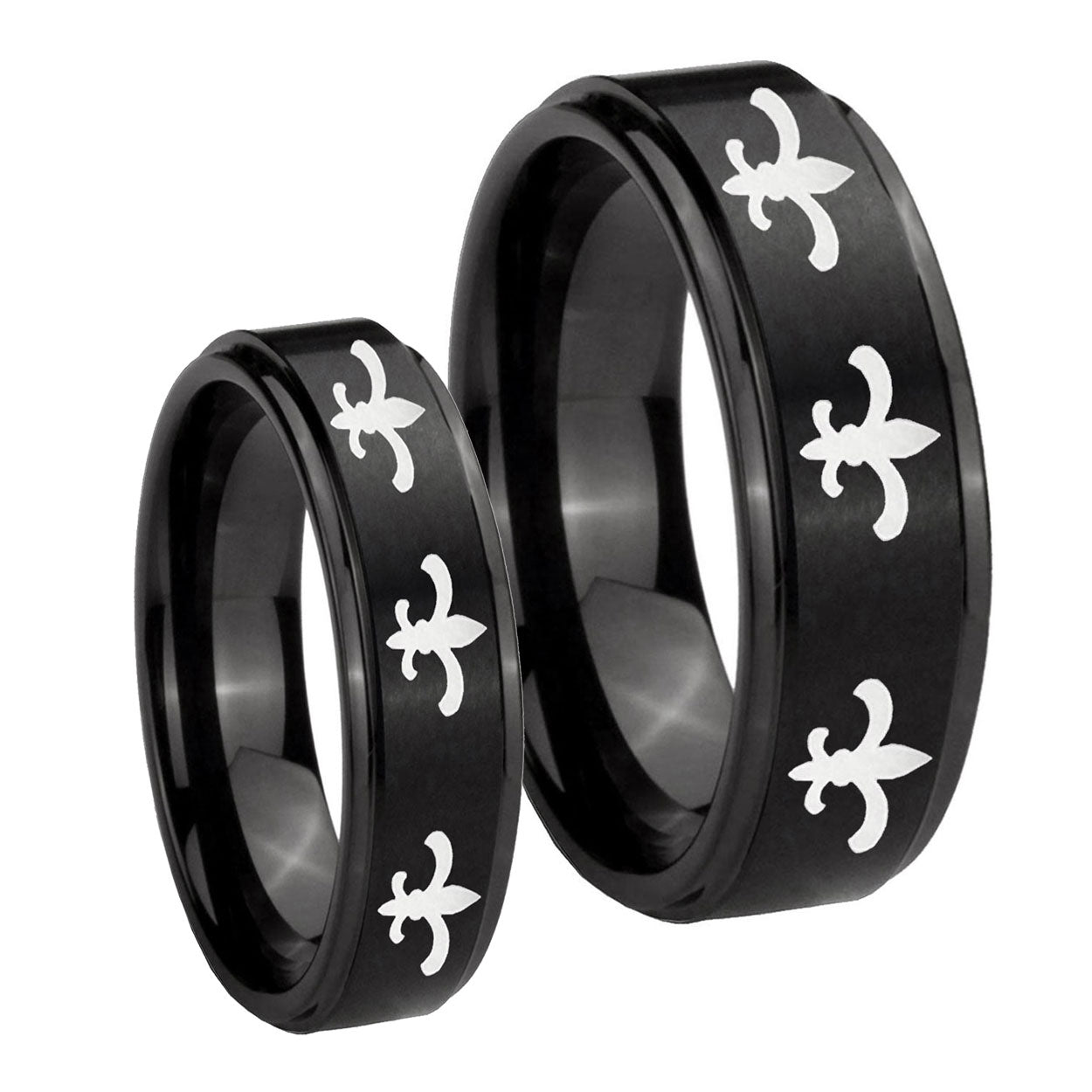 Multiple Fleur De Lis Step Edges Brush Black Tungsten Mens Ring Set