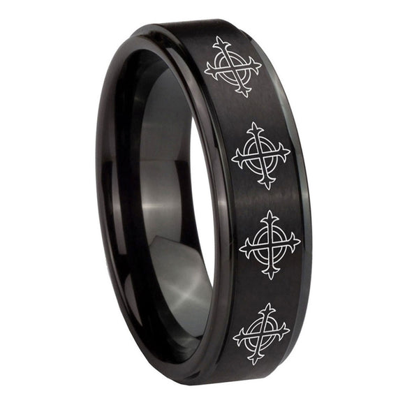 10mm-Multiple-Crosses-Step-Edges-Brush-Black-Tungsten-Carbide-Wedding-Band-Ring