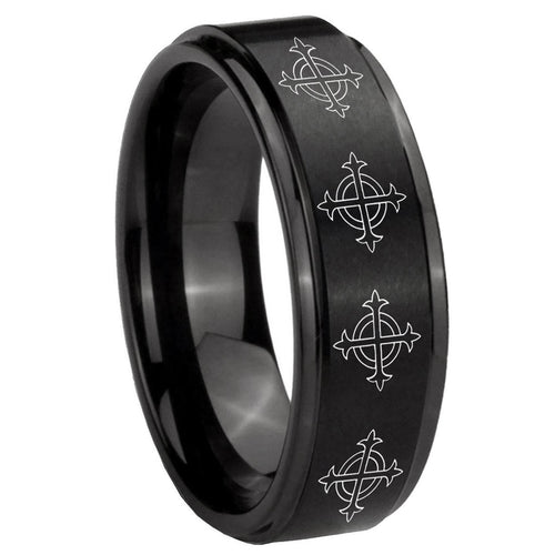 10mm Multiple Crosses Step Edges Brush Black Tungsten Carbide Wedding Band Ring