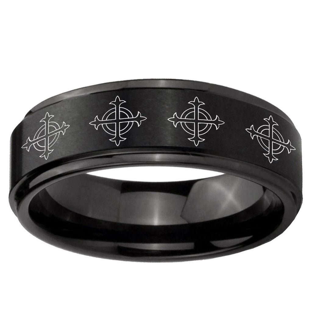10mm Multiple Crosses Step Edge Brush Black Tungsten Ring