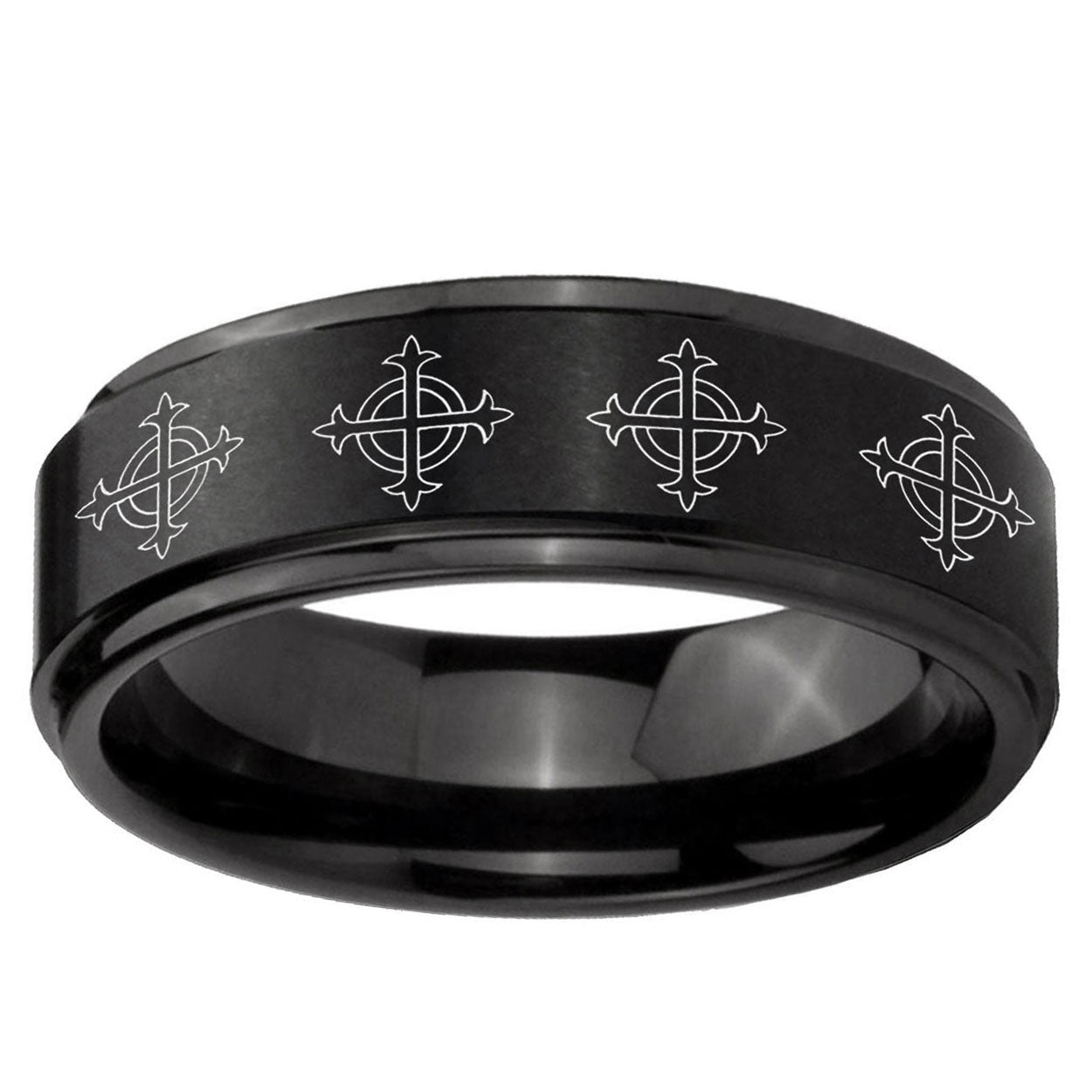 10mm Multiple Crosses Step Edge Brush Black Tungsten Ring