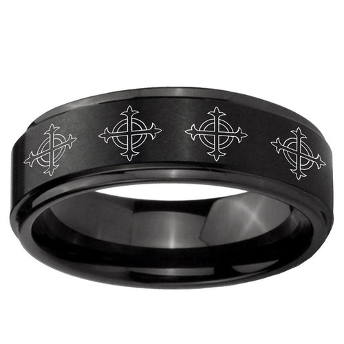 10mm Multiple Crosses Step Edge Brush Black Tungsten Ring