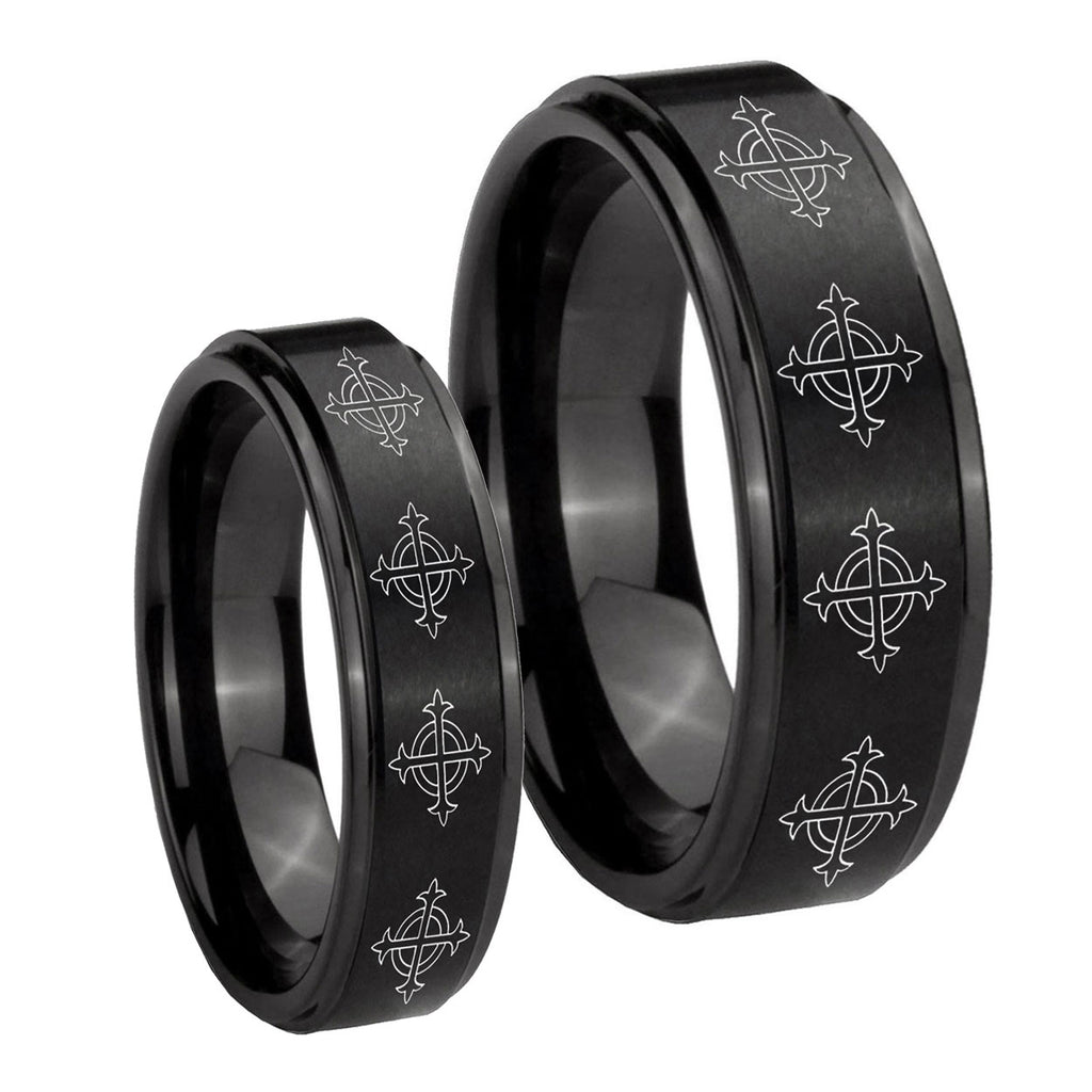 Multiple Crosses Step Edges Brush Black Tungsten Couple Wedding Bands