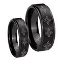 Multiple Crosses Step Edges Brush Black Tungsten Couple Wedding Bands