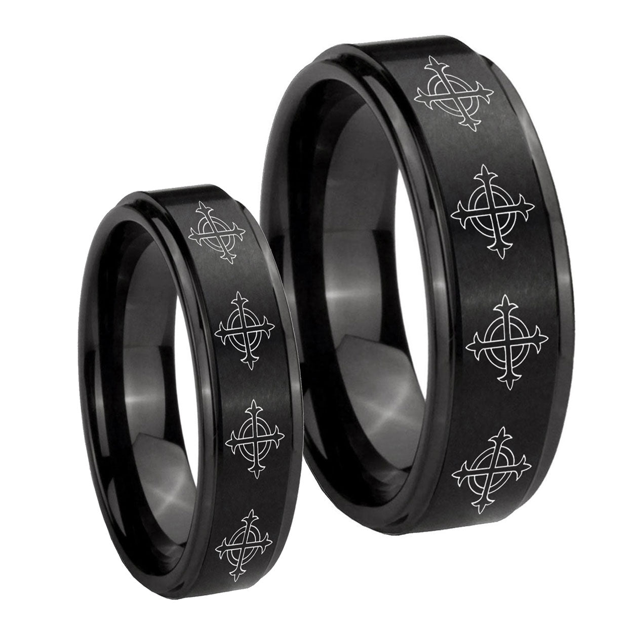 Multiple Crosses Step Edges Brush Black Tungsten Couple Wedding Bands