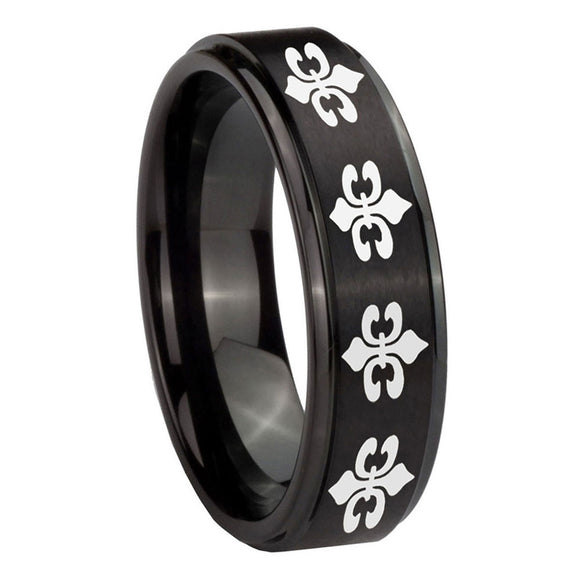 10mm-Multiple-Fleur-De-Lis-Step-Edges-Brush-Black-Tungsten-Men's-Promise-Rings
