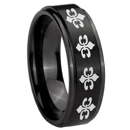 10mm Multiple Fleur Delis Step Edges Brush Black Tungsten Men's Promise Rings