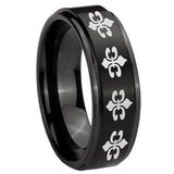 8mm Multiple Fleur Delis Step Edges Brush Black Tungsten Men's Band Ring
