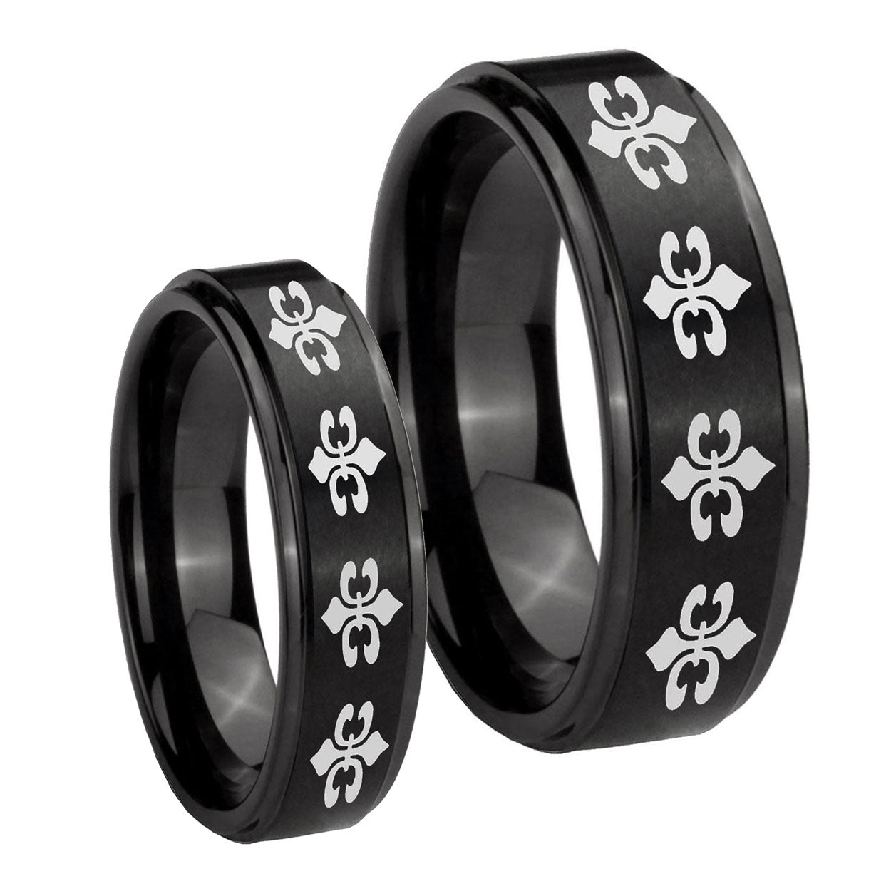 Multiple Fleur De Lis Step Edges Brush Black Tungsten Wedding Ring Set