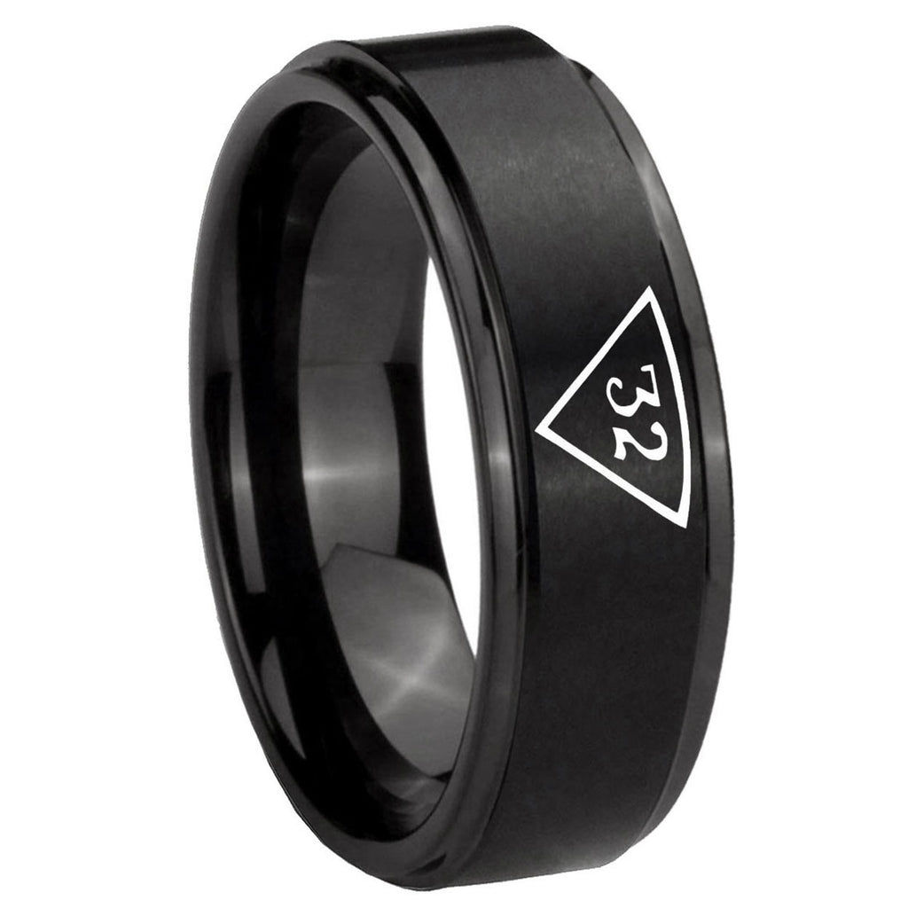 8mm Masonic 32 Triangle Freemason Step Edge Black Tungsten Ring